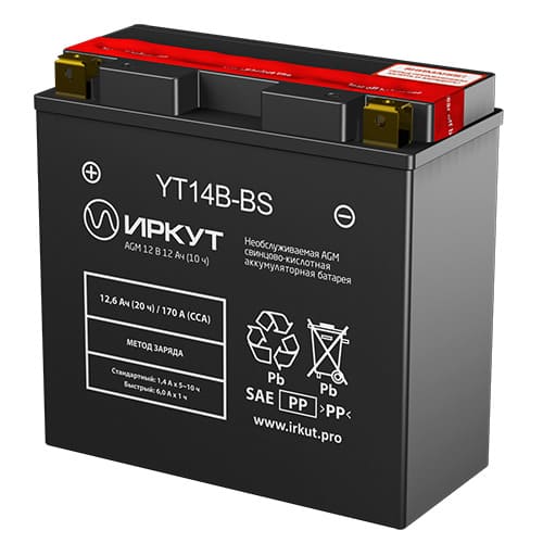 Сухозаряженная AGM батарея с упаковкой электролита в комплекте YT14B-BS