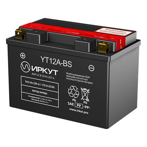 Сухозаряженная AGM батарея с упаковкой электролита в комплекте YT12А-BS