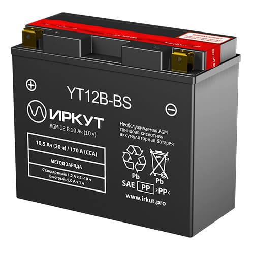 Сухозаряженная AGM батарея с упаковкой электролита в комплекте YT12B-BS